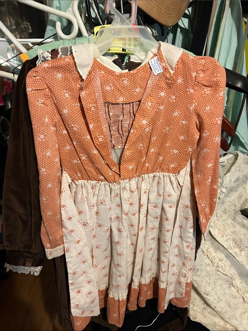 Girls' Orange and Cream Floral Casual Dress with Contrast Skirt